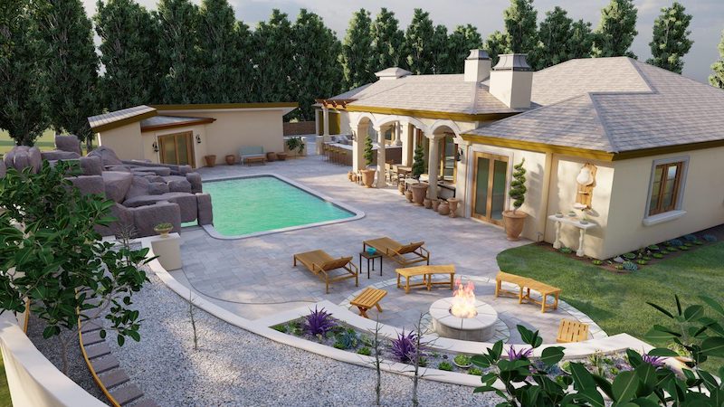 3D-rendered luxury backyard with a turquoise pool, elegant home, covered patio, fire pit, lounge chairs, lush trees, and welcoming landscaping.