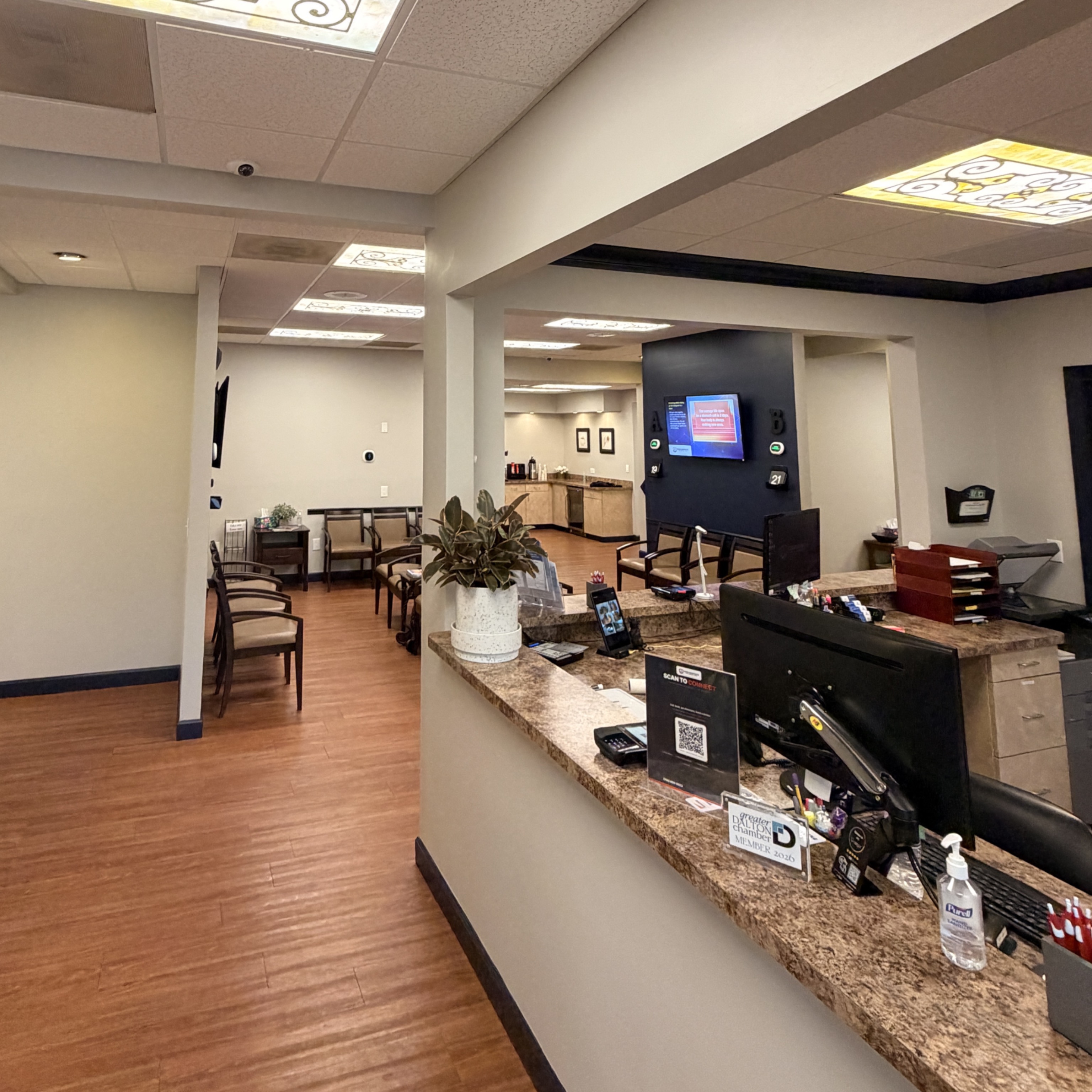 Our front desk at Rivera Chiropractic in Dalton, GA, where our team checks you in and gets you settl 