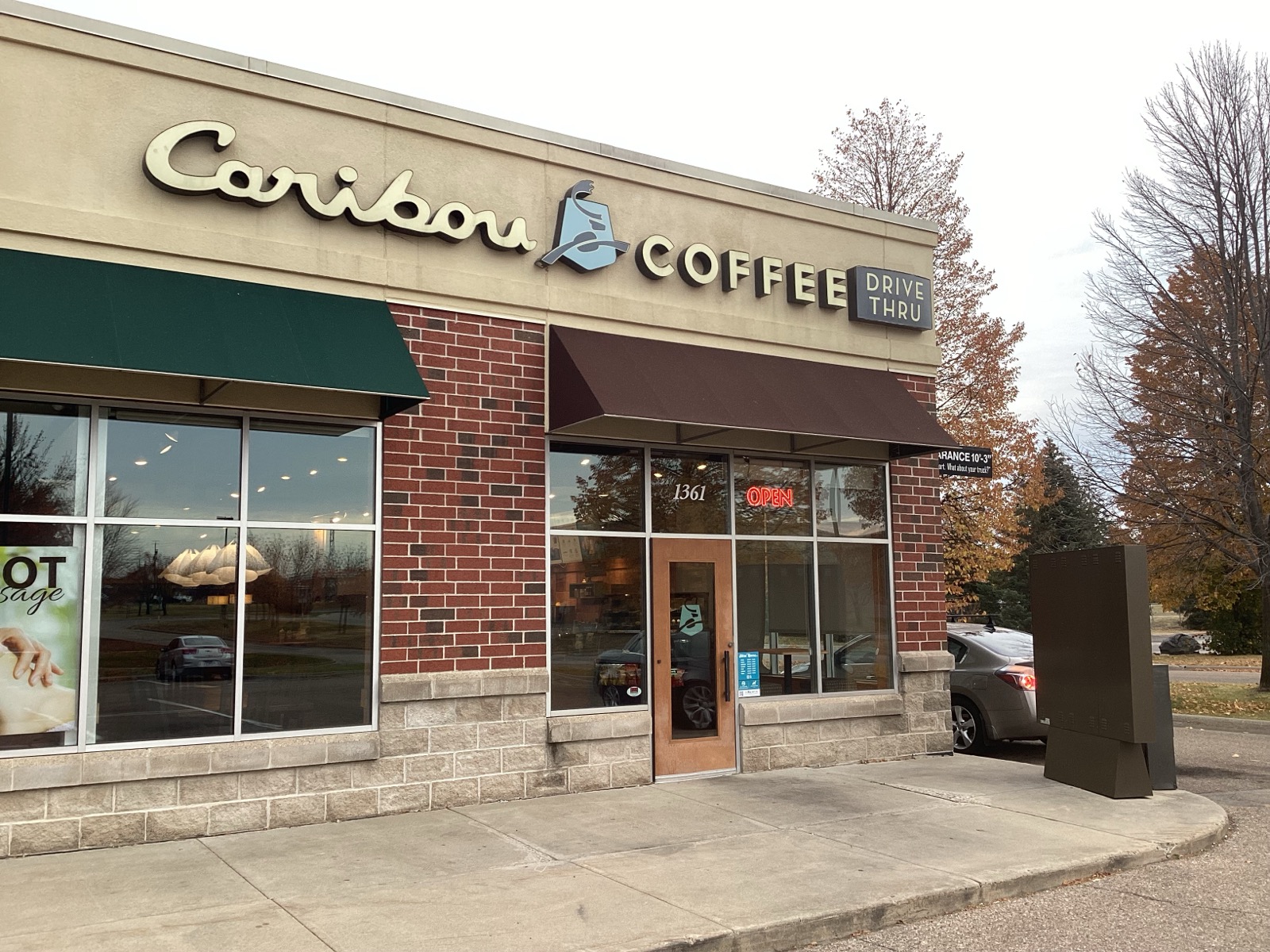 Storefront of the Caribou Coffee at 1361 Heather Street in Shakopee