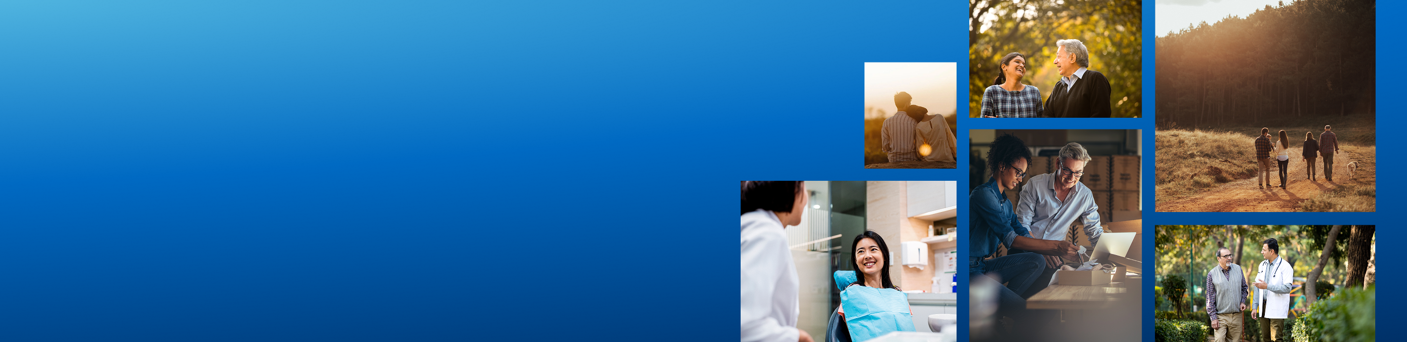 Collage of photos of people including a woman at the dentist, business owners packing orders, a doctor talking with a patient, and a multigenerational family out for a walk.