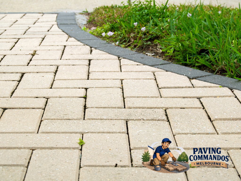 Light-colored paver walkway with a contrasting border, providing a defined path alongside a landscaped lawn.