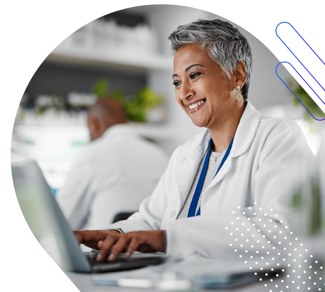 A smiling woman in a lab coat works on a laptop in a brightly lit laboratory, with another person in a lab coat visible in the background. The image has graphic elements overlaid on the right side, including diagonal lines with a gradient of blue to purple and a pattern of white dots.
