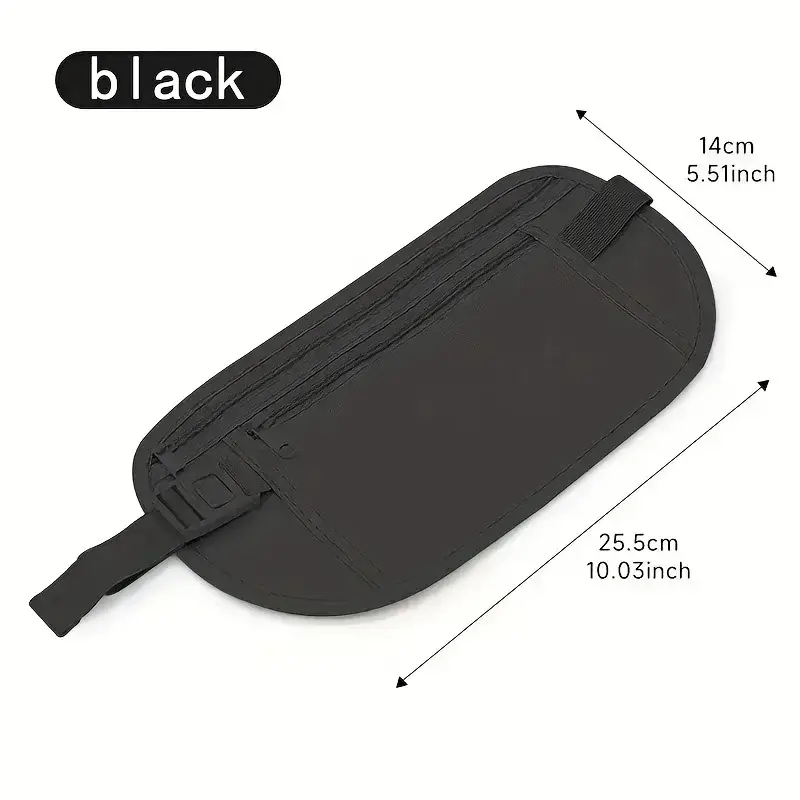 A black waist pack with zippers is shown against a white background. Dimensions are provided with arrows indicating length and width. The word 'black' is displayed in a black oval shape with a white outline at the top left of the image.