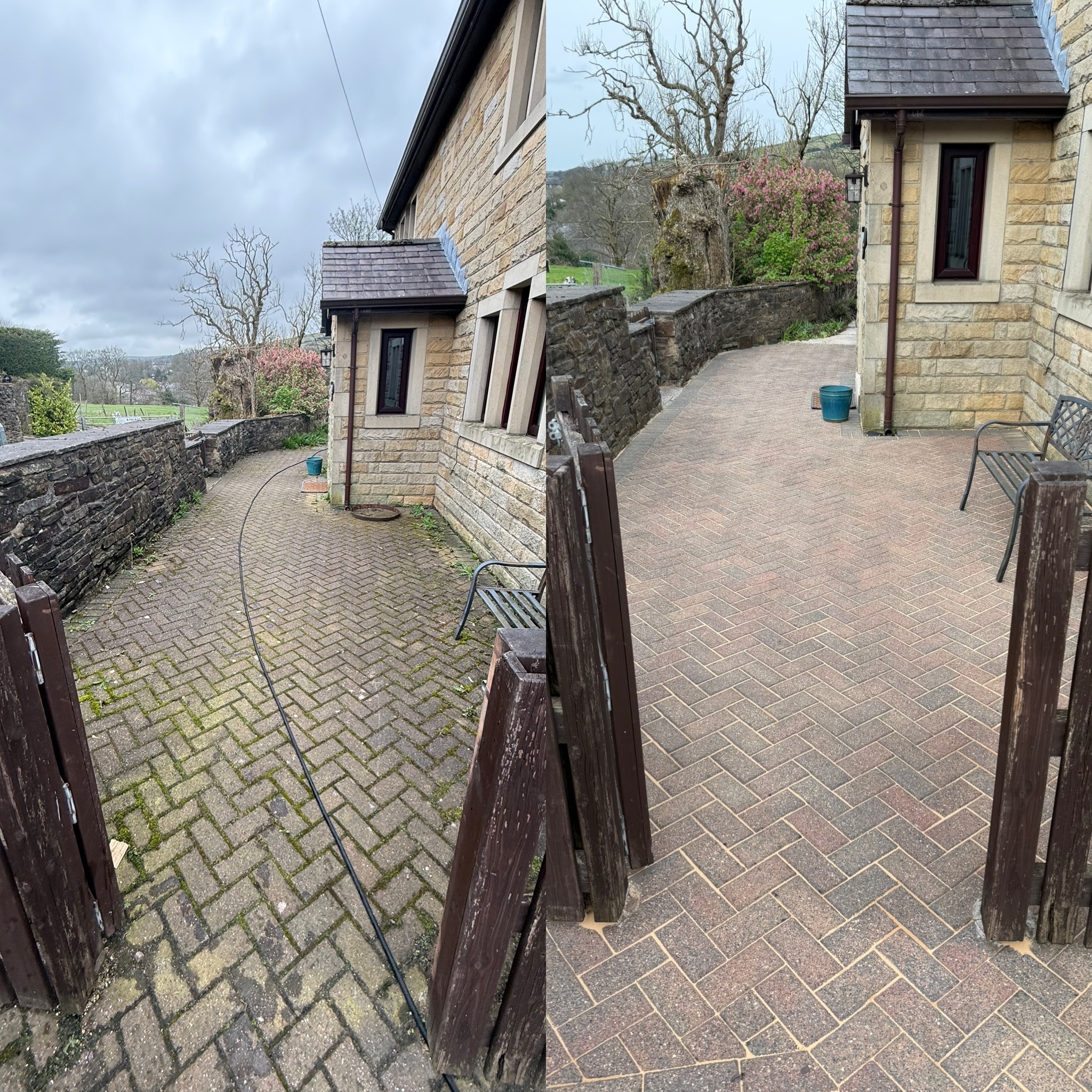 Pressure washed block paving patio before and after