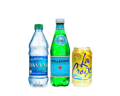 A bottle Dasani Water, a bottle of San Pellegrino Sparkling Water and A Can of Lime La Croix Sparkling Water offered by City Burger Co.