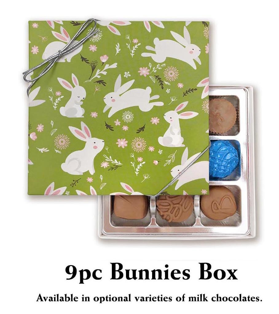 Hop into Easter gifting with the charming 9pc Bunnies Box from Florence's Exquisite Chocolates in Rexburg, ID! This delightful green box adorned with playful Easter bunnies contains a curated assortment of 9 delicious milk chocolates. A sweet treat sure to bring smiles this spring.