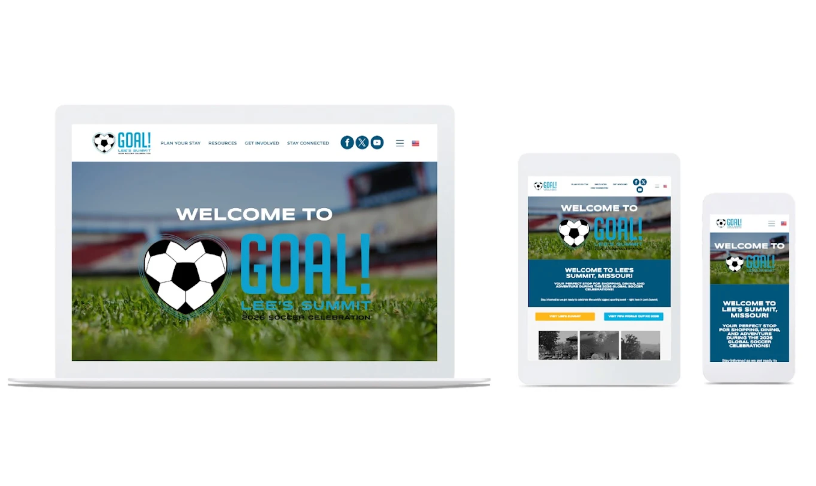 Website design example for a soccer event organization displayed on a laptop, tablet, and smartphone, demonstrating a responsive layout with a soccer-themed homepage.