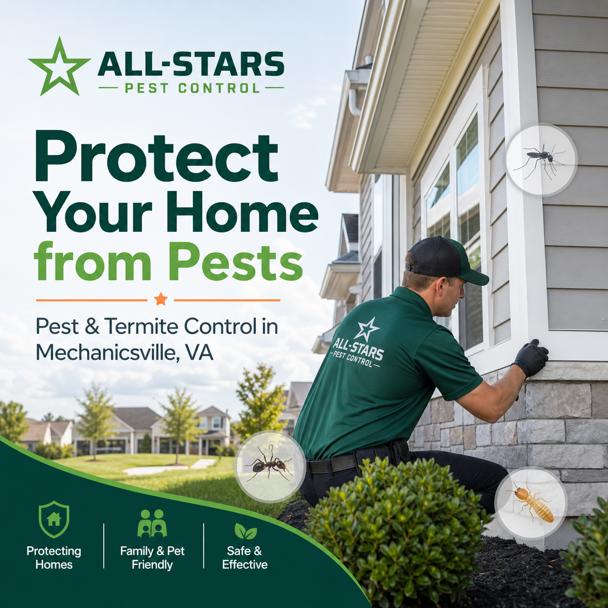 Protect your home from pests before they become a bigger problem.
All-Stars Pest Control helps homeowners in Mechanicsville and the Richmond area with pest control, termite protection, mosquito and tick treatment, and more. Their team offers eco-friendly, non-invasive options designed to keep pests out and give you peace of mind.