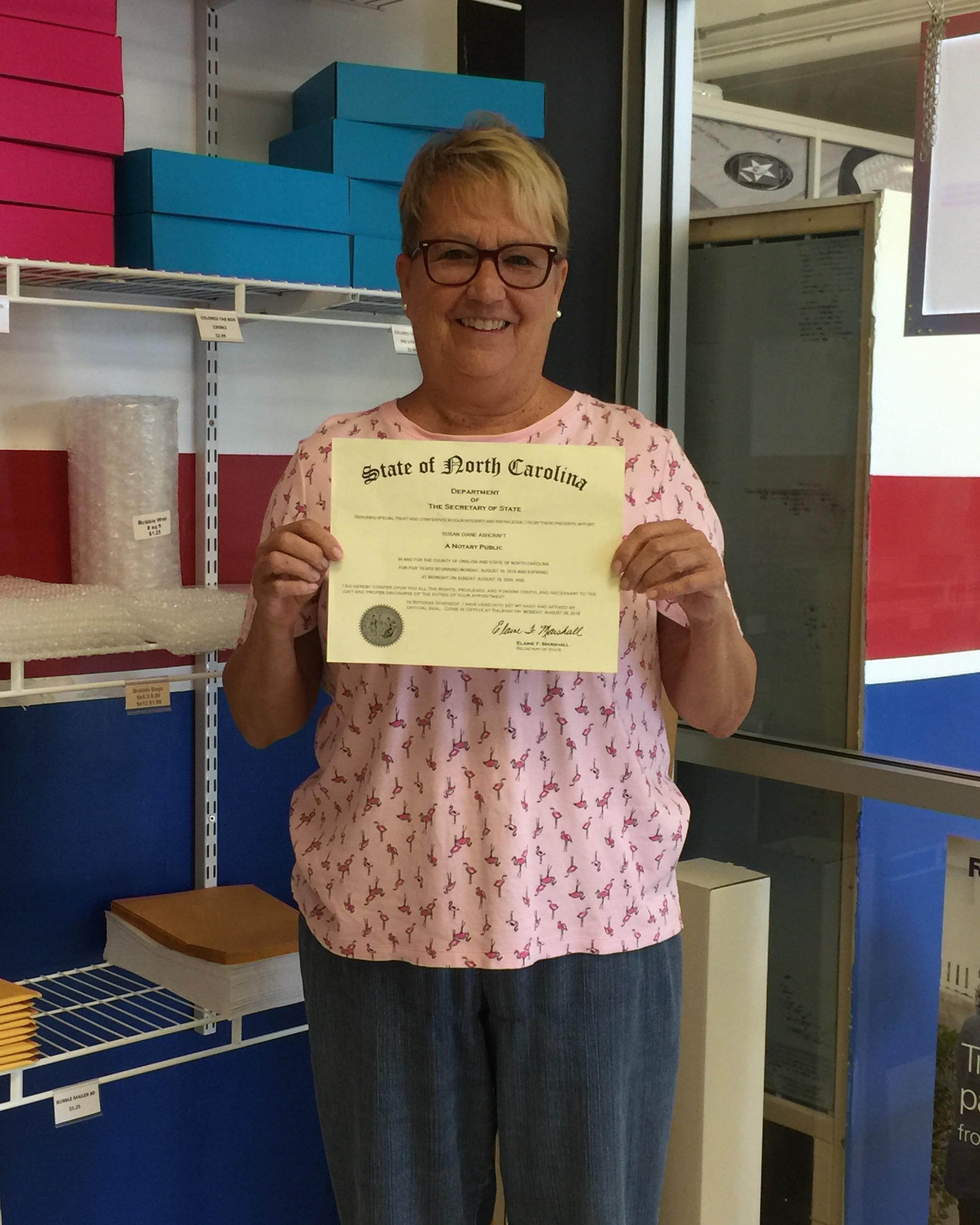 Congratulations to our newest notary Diane! She passed her state exam and is now a licensed notary for North Carolina. Stop by Goin’ Postal of Camp Lejeune to tell her job well done. While there, remember we can handle all your mailing and shipping needs with any carrier- UPS, FedEx, USPS, DHL.