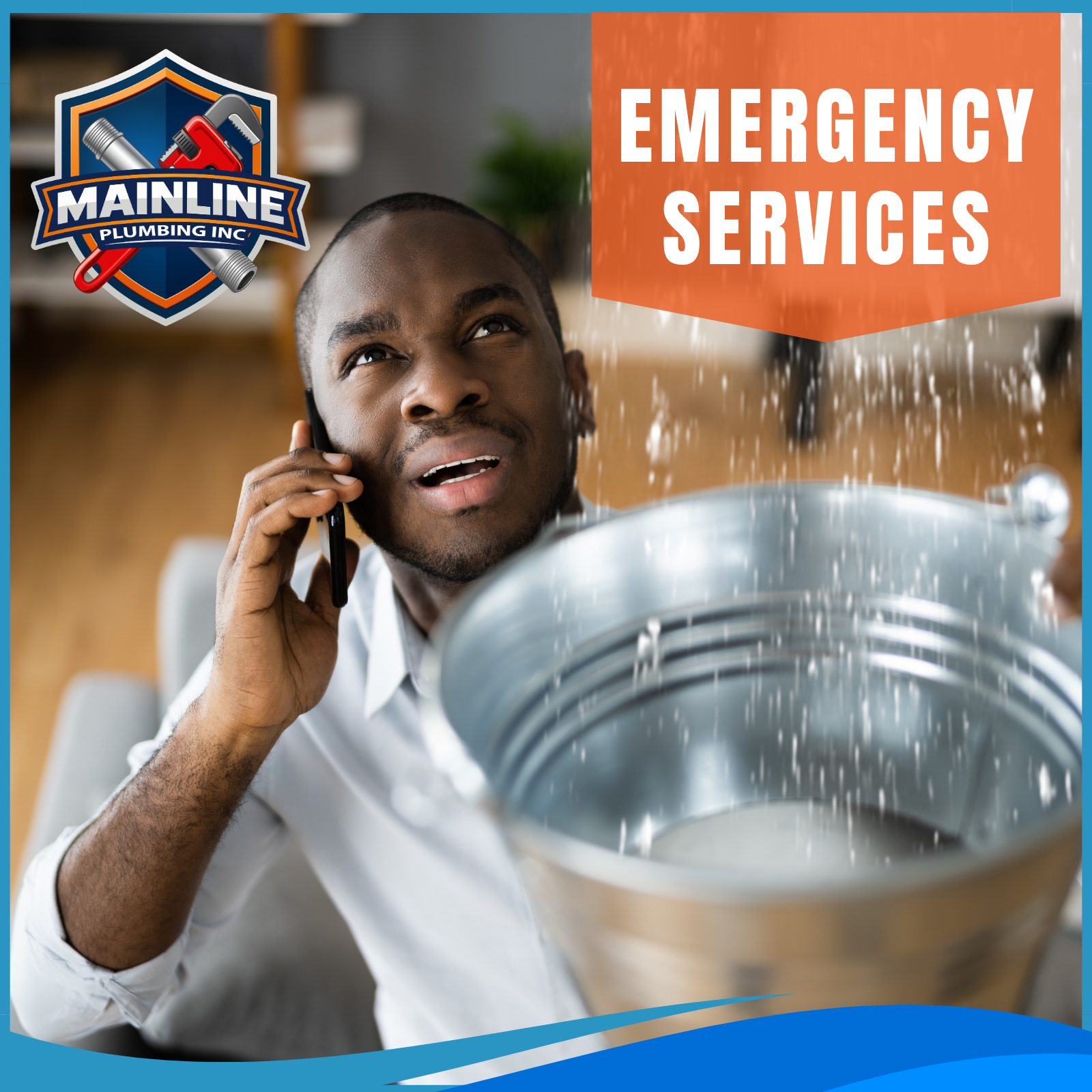 Mainline Plumbing Inc. emergency plumbing services image showing a homeowner responding to an active plumbing leak and water emergency. Mainline Plumbing provides fast, dependable emergency plumbing repair, leak detection, burst pipe repair, water damage prevention, clogged drain service, sewer repair, water heater emergencies, and urgent plumbing support across Escalon, Modesto, Oakdale, Riverbank, Manteca, Ripon, Turlock, Stockton, and surrounding Central Valley communities.