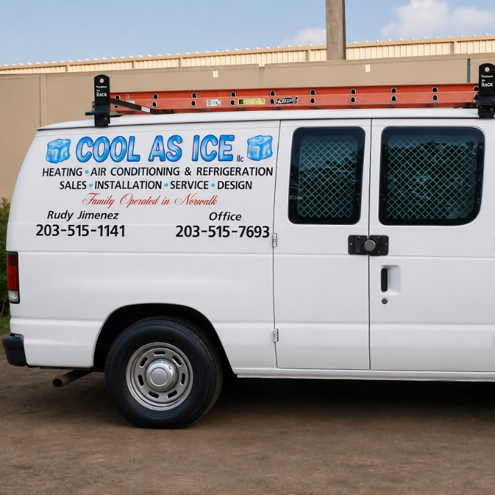 Cool As Ice HVAC service van in Norwalk, CT, offering heating, air conditioning, and refrigeration s 