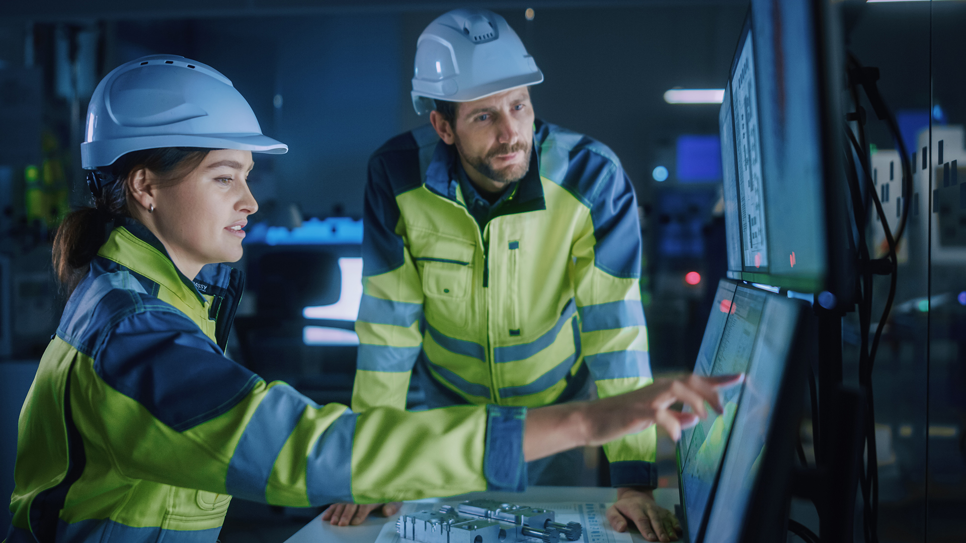 Two engineers, a woman and a man, wearing hard hats and high-visibility jackets, are looking at computer monitors displaying data in a factory control room. The woman on the left is pointing at one of the screens. In the foreground, there are some metallic components laid out on a blueprint.