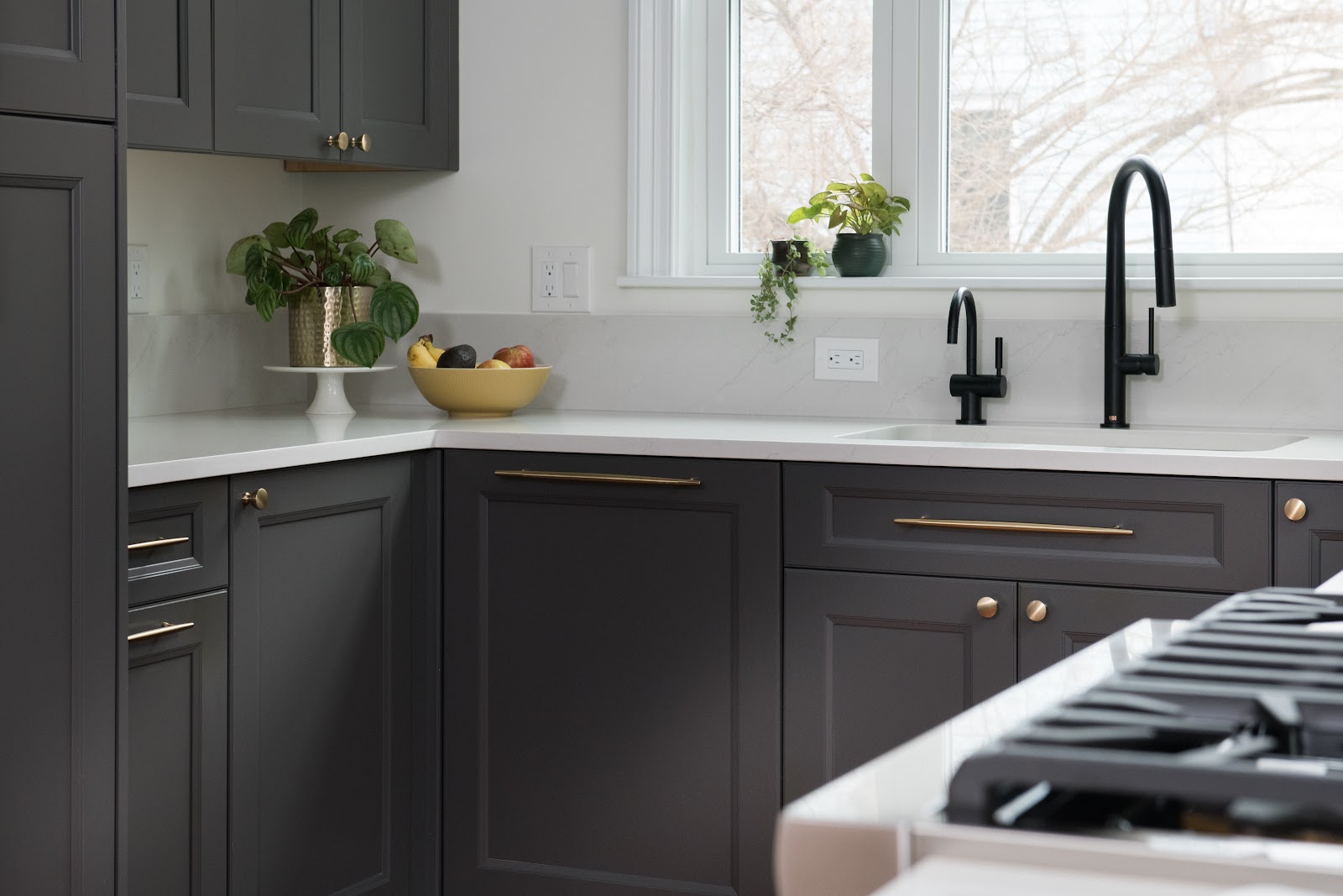 A modern kitchen with dark gray cabinets and white quartz countertops, featuring a double sink with black faucets, a bowl of fruit, and houseplants. A stovetop is visible in the foreground.