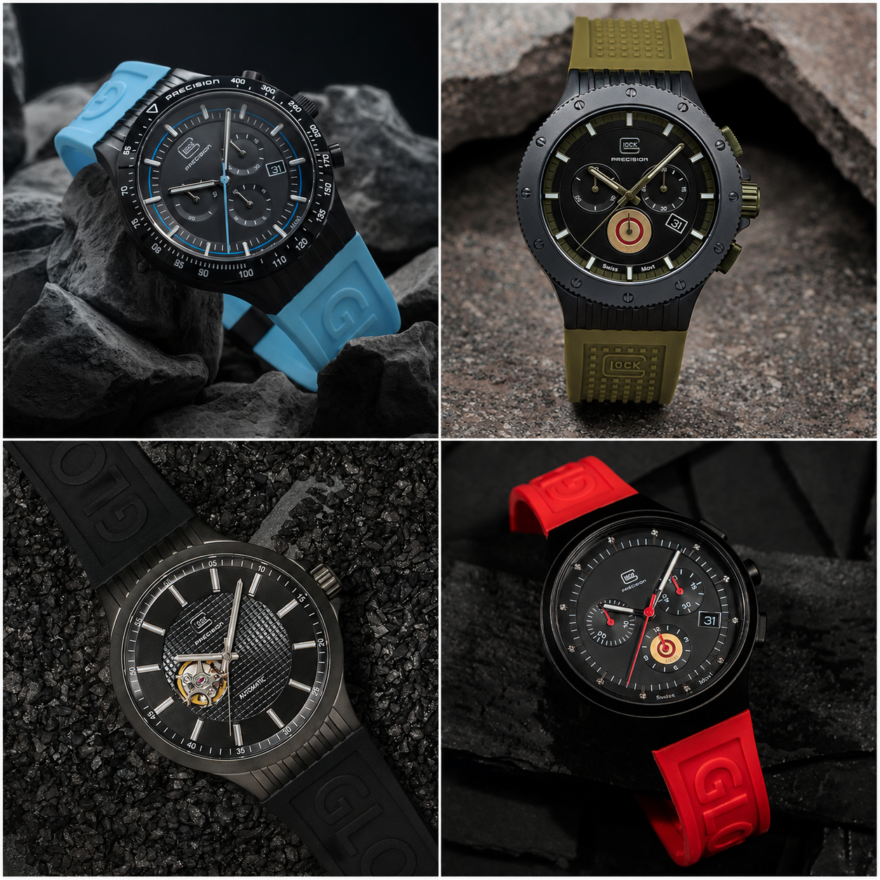 Explore the Glock Precision watch collection featuring bold chronograph and automatic timepieces with durable silicone straps, Swiss movement, and modern styling designed for everyday performance.