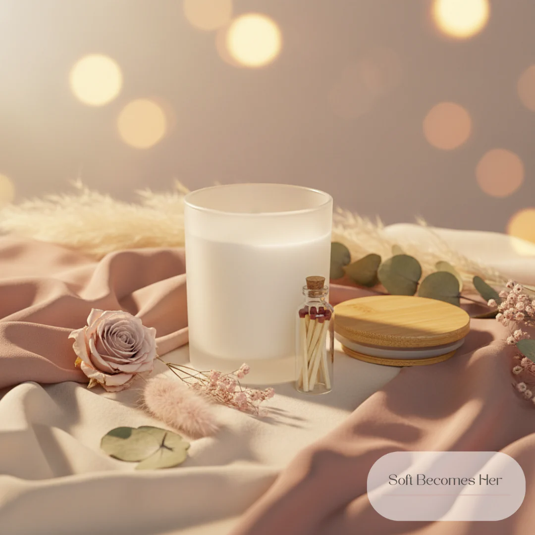 A frosted glass candle with a wooden lid and a small bottle of matches sits on a surface draped with soft, flowing pink and white fabric. A pale pink rose, dried flowers, and eucalyptus leaves are arranged around the candle, creating a serene and elegant still life. The background is softly blurred with warm, glowing bokeh lights.
