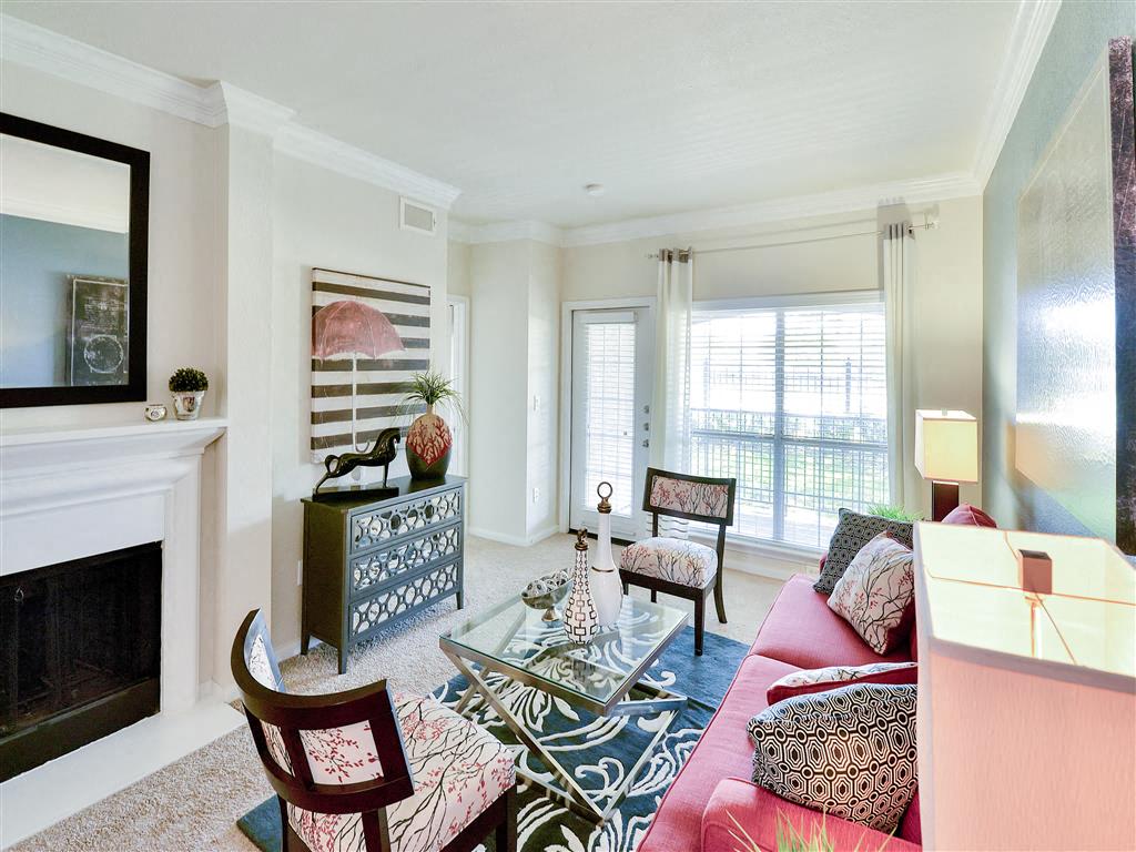Well-lit living room with fire place