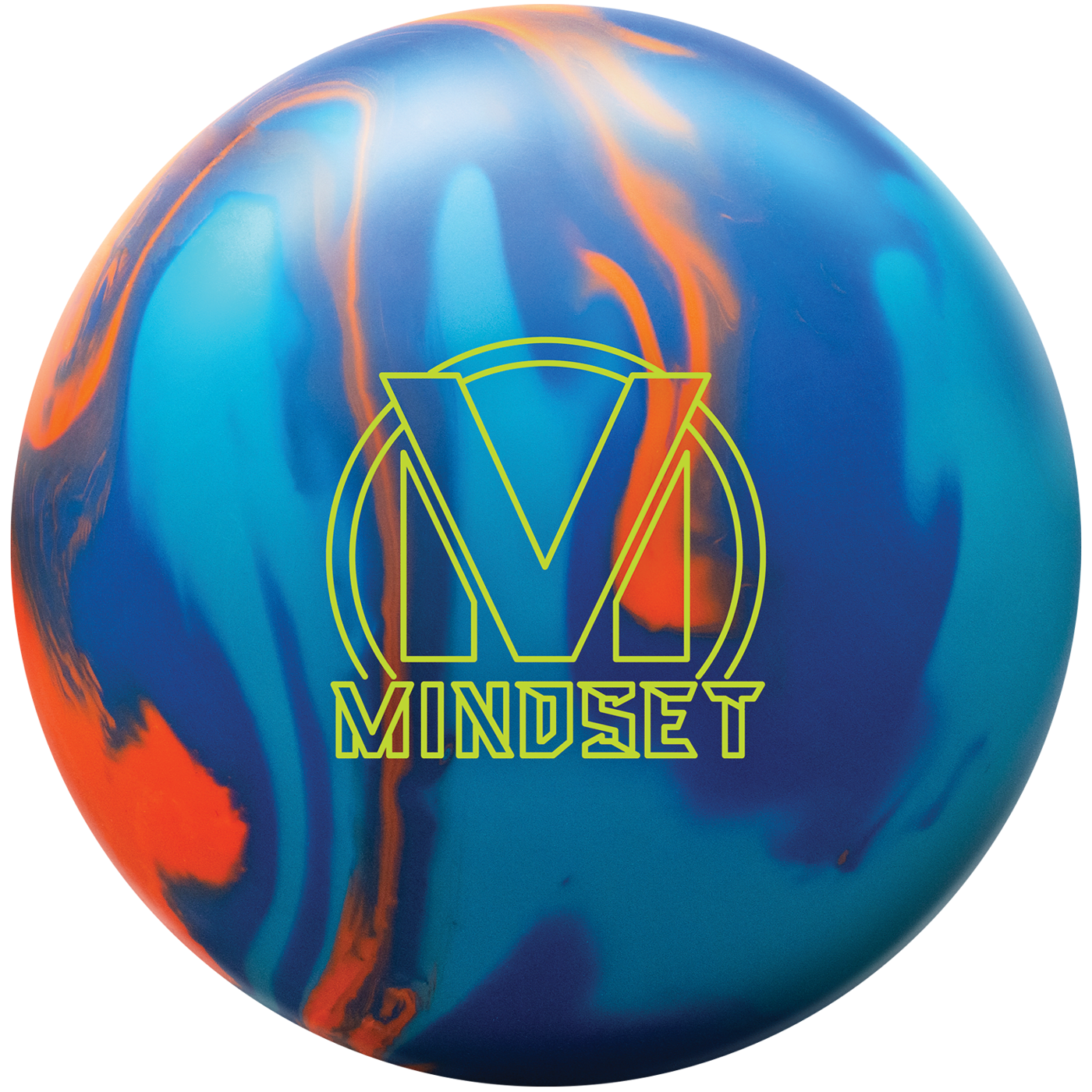 A close-up shot of a bowling ball with a marbled design of blues, oranges, and darker blues. A bright yellow logo, featuring a stylized 'M' inside a circle and the word 'MINDSET' below it, is prominently displayed on the ball.
