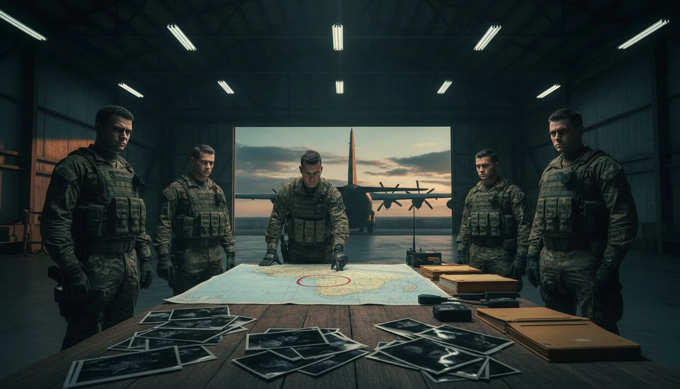 A group of five soldiers in camouflage uniforms are gathered around a large map on a wooden table, planning a mission. One soldier in the center is pointing at a specific location on the map, marked with a red circle. The scene is set inside a hangar, with a cargo plane visible through an open hangar door in the background. The lighting is dramatic, with overhead fluorescent lights illuminating the scene and a dusky sky visible outside.