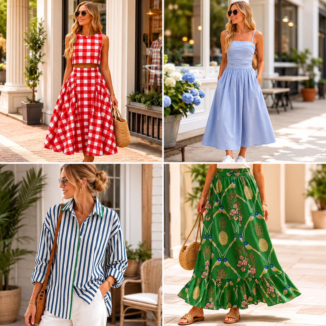 Women's fashion collection featuring coordinated dresses, skirts, and tops in vibrant prints, classic stripes, and seasonal colors. This collage highlights contemporary boutique apparel designed for comfort, versatility, and everyday style.