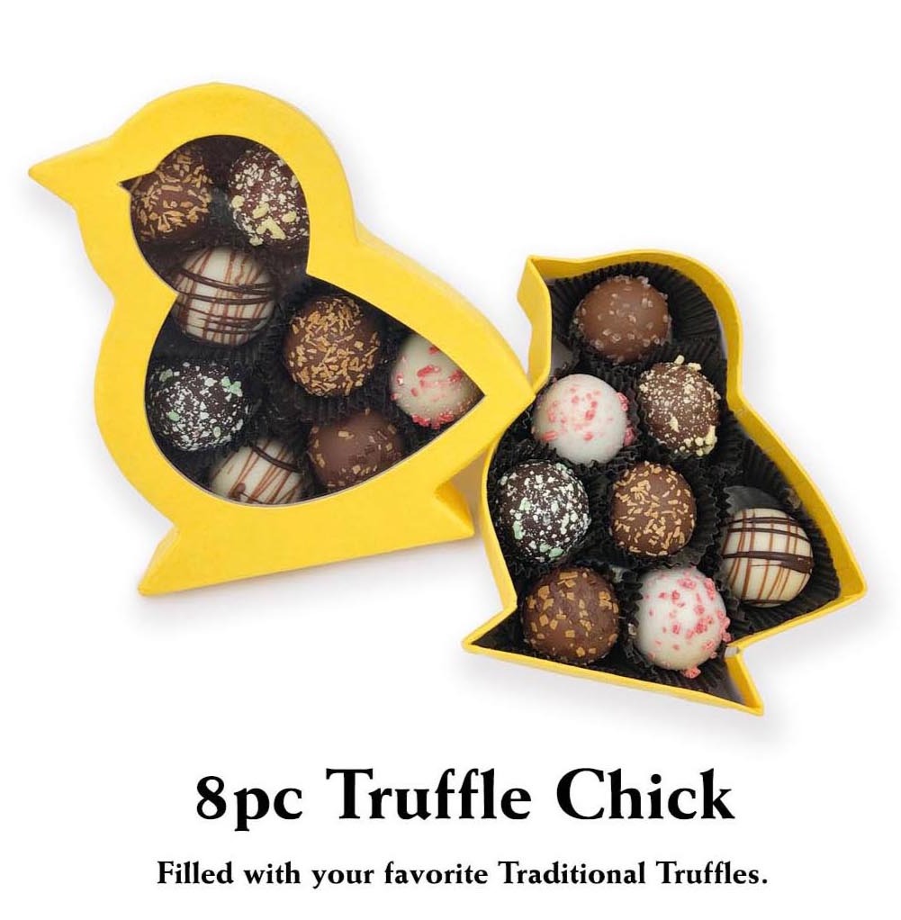 Welcome spring with the adorable 8pc Truffle Chick box from Florence's Exquisite Chocolates in Rexburg, ID! This charming chick-shaped gift box holds 8 of Florence's favorite Traditional Truffles, offering a delightful assortment of gourmet chocolate goodness perfect for Easter gifting.