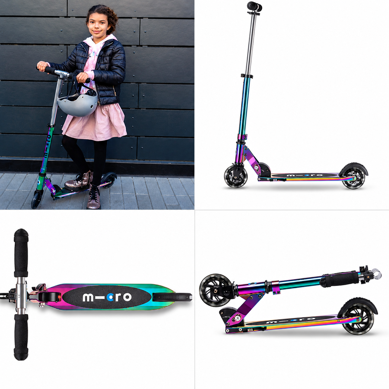 Ride in style with the Neochrome LED Sprite Scooter. Motion-activated LED wheels, an adjustable handlebar, lightweight folding design, and a sturdy frame make every ride smooth, fun, and easy to carry.