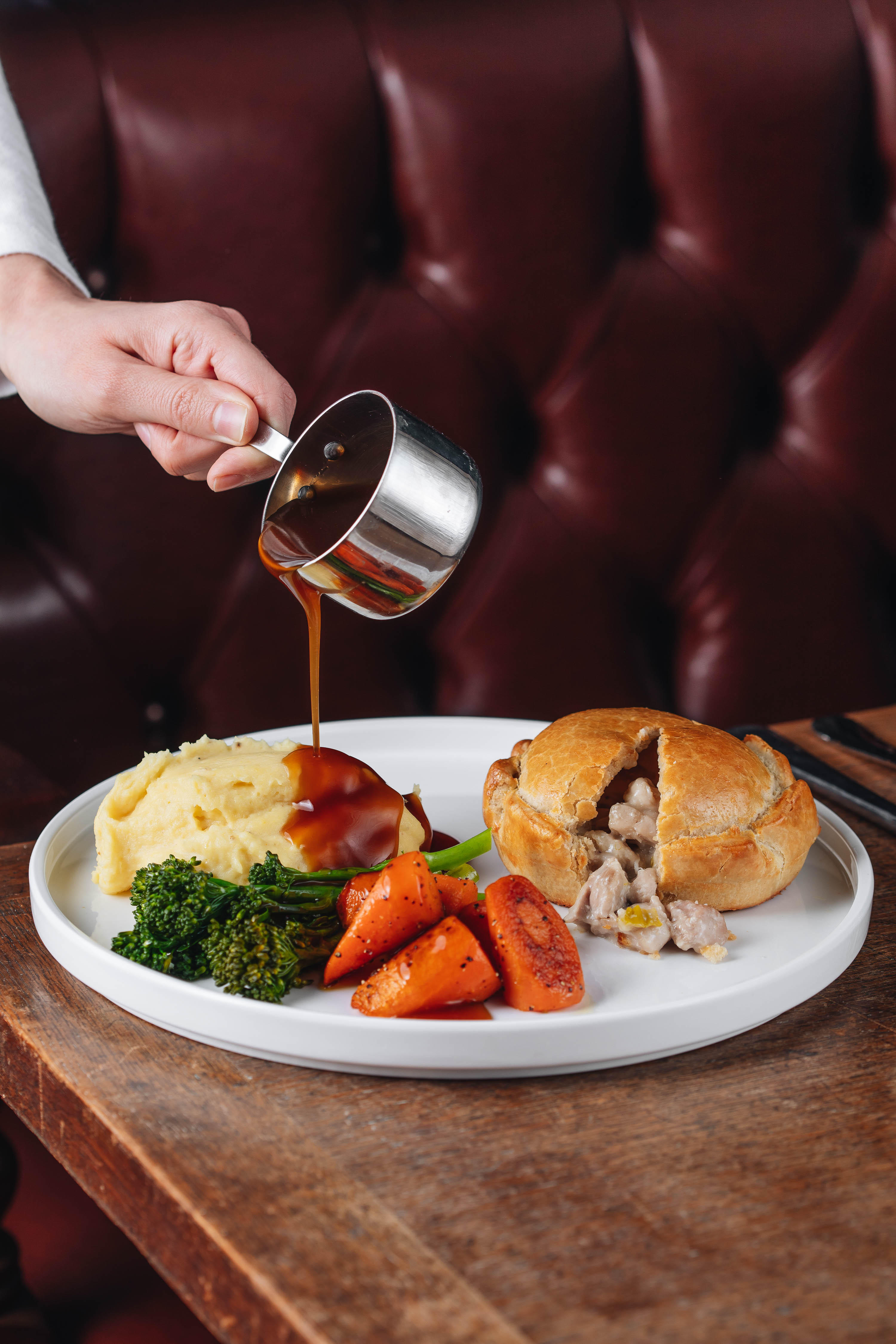 Hand-raised Charter pie, chicken, ham & leek, buttered mash, spring greens Anglesey Arms Chichester 01243 699644