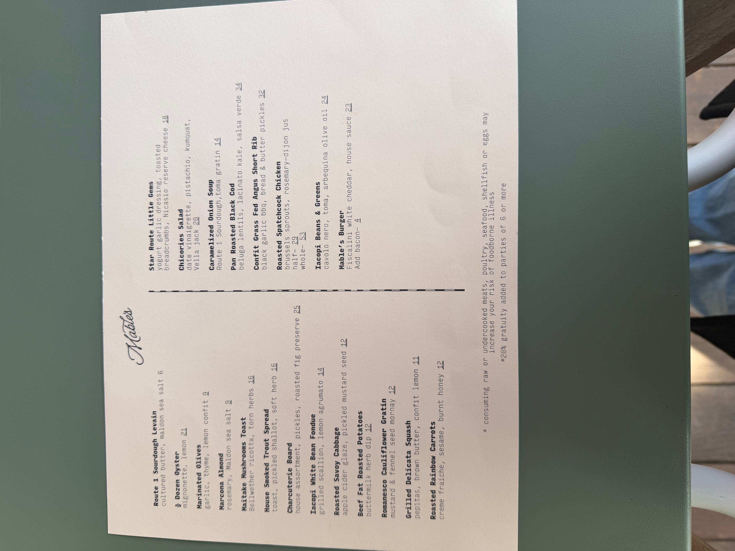 Mable's dinner menu, served after 4pm from Tuesday to Saturday