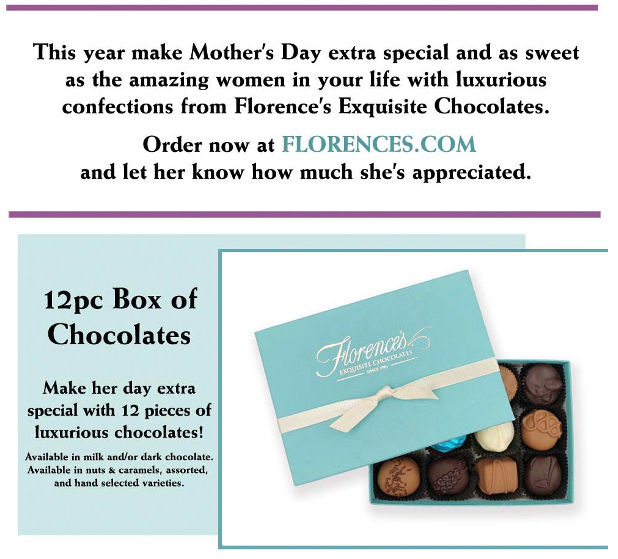 Make Mother's Day extra sweet with a luxurious 12-piece box of chocolates from Florence's Exquisite Chocolates in Rexburg, Idaho. This beautifully packaged gift box is filled with exquisite, handcrafted chocolates, available in a variety of options including milk and dark chocolate, nuts & caramels, assorted, and hand-selected assortments. Order from Florence's to give the amazing women in your life a truly special and appreciated gift this Mother's Day.