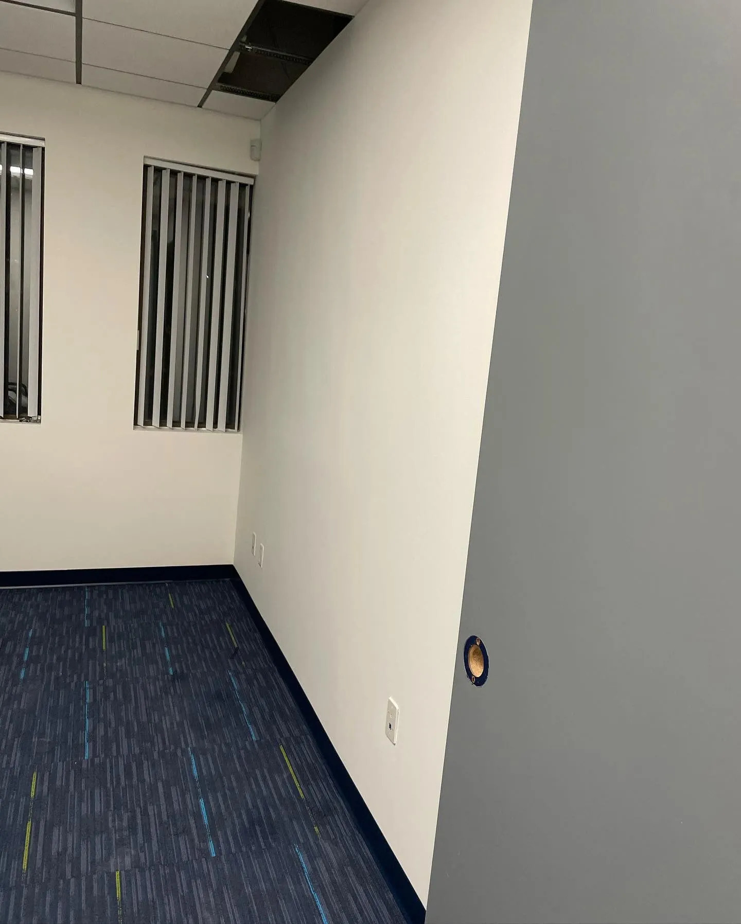 Freshly renovated commercial office space featuring smooth painted walls, updated carpeting, black b 