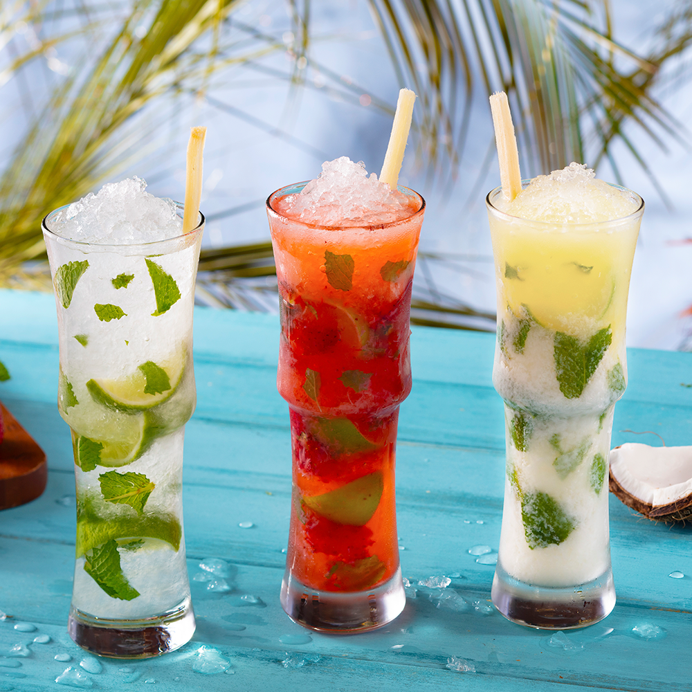Choose from our 3 tropical mojitos: Cubano, Coconut, and Strawberry.