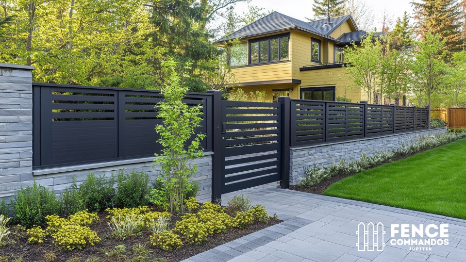Contemporary black aluminum horizontal privacy fence with a matching automated access gate set on a  