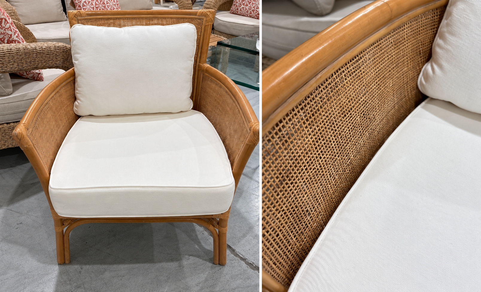 Discover this pre-owned natural bamboo living room chair with cushions at True Fashionistas Designer Resale in Naples. In good used condition, this classic piece measures 33" x 29.5" for cozy seating.