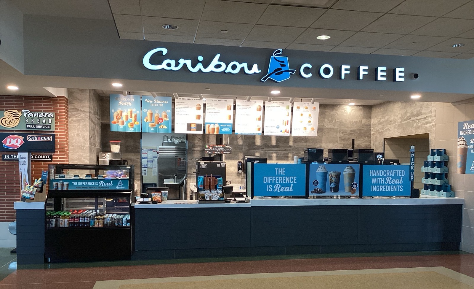 Storefront of the Caribou Coffee at 3600 Glacier Road in New Springfield