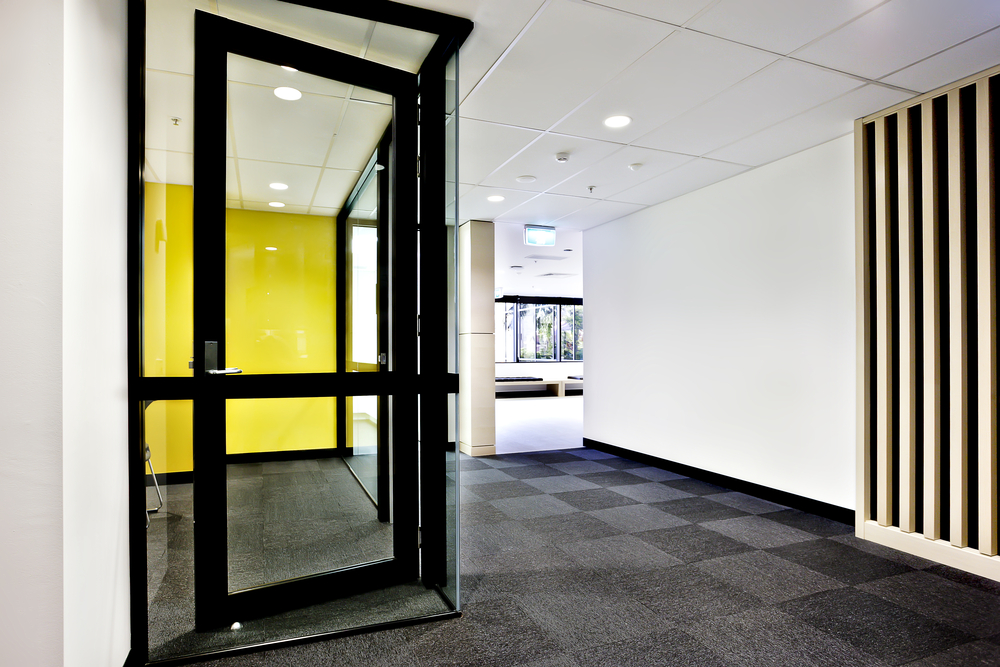 This contemporary office entrance was meticulously cleaned by Dallas Janitorial Services, featuring spotless glass and immaculate flooring. Our specialized glass cleaning services ensure your business makes a crystal-clear first impression.