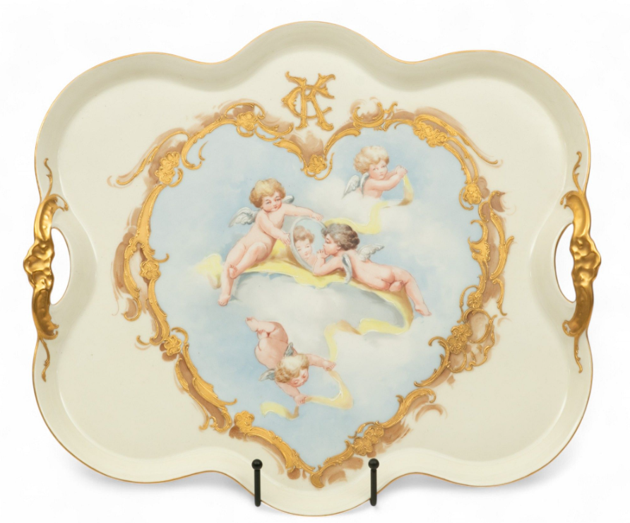 Porcelain Tray with hand painted cherubs with gold accents