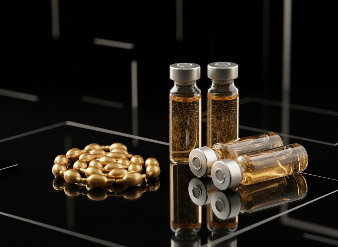 A collection of golden, capsule-shaped pills and several glass vials containing amber liquid with small bubbles are arranged on a glossy black surface with subtle geometric reflections. The background is dark and out of focus, with thin, light lines creating a sense of depth and structure. The overall aesthetic is clean, modern, and luxurious, suggesting high-end cosmetic or pharmaceutical products.