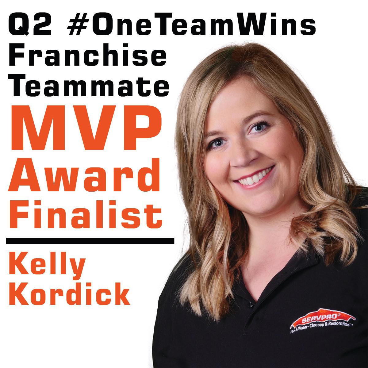 Kelly is a true team player, always hustling, helping, and enthusiastic about SERVPRO. We couldn't be more proud! We are rooting for her as a finalist of the Q2 #OneTeamWins Franchise Teammate MVP Award! #SERVPRO