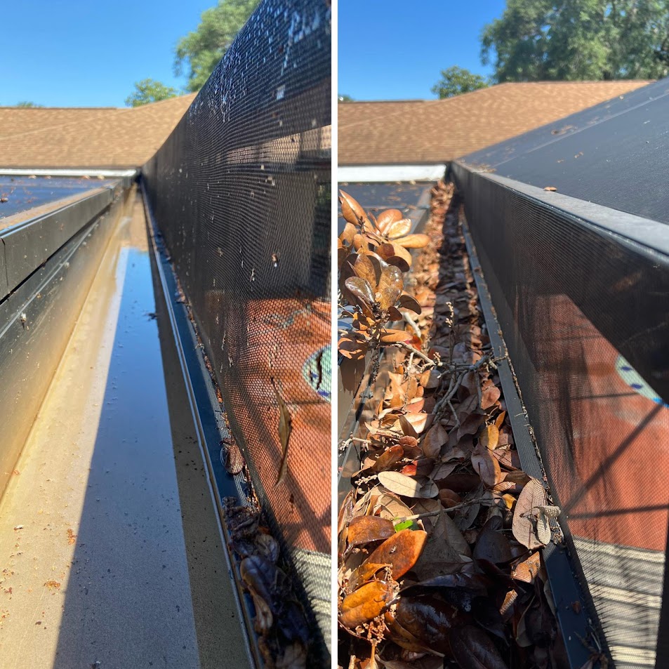 Before and after gutter cleaning by R&R Elite Pressure Washing LLC in Kissimmee, FL. We removed leaves, debris, and buildup to restore proper water flow, help prevent water damage, and protect the home&rsquo;s foundation.