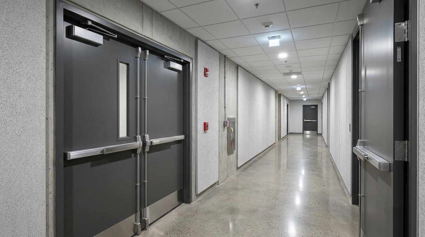 Brick building exterior with a black framed glass entry door, metal awning, wall lights, and concrete walkway, creating a simple functional entrance for commercial or community use for everyday entry.