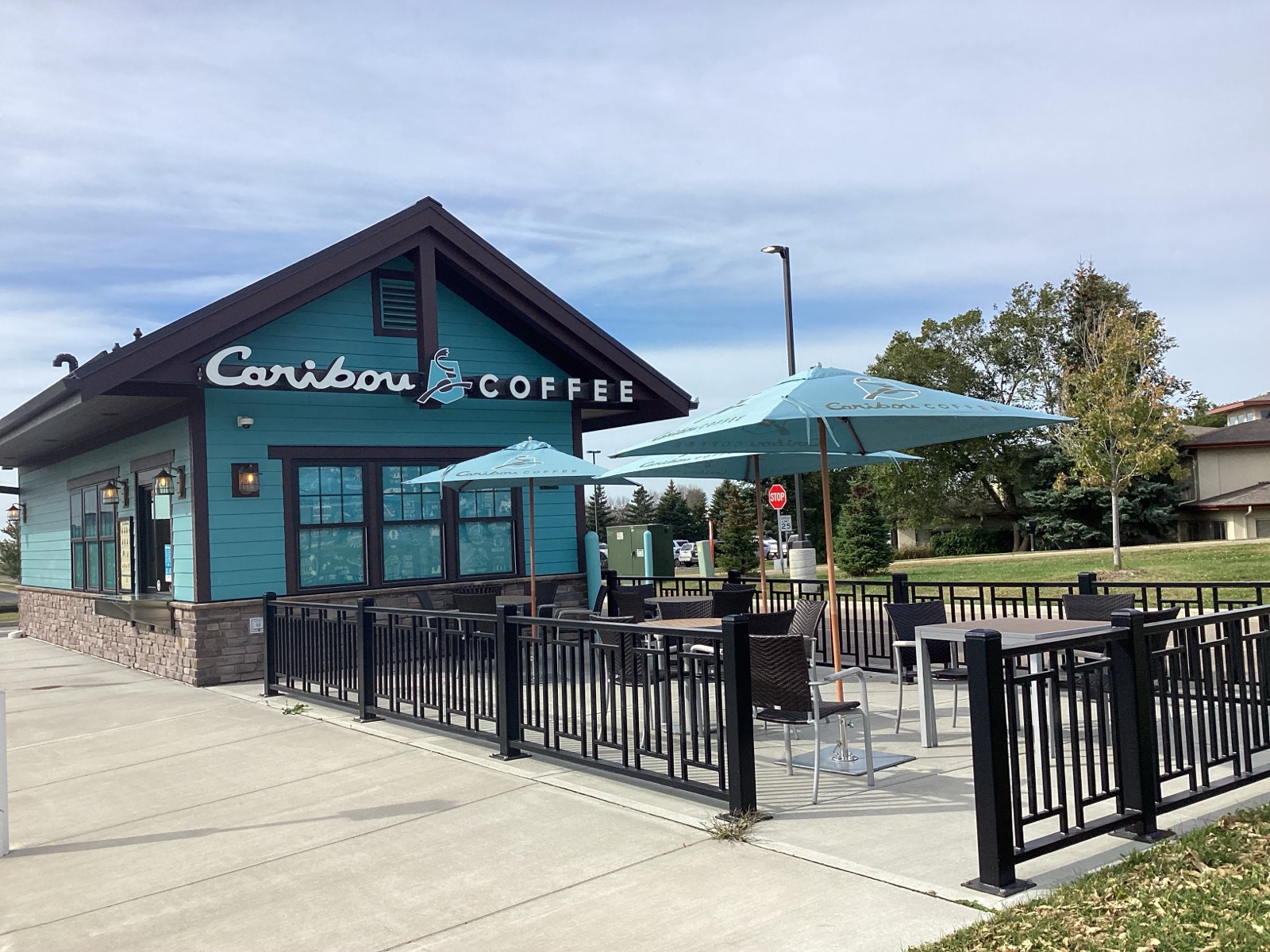 Storefront of the Caribou Coffee at 180 Paperjack Drive in New Richmond