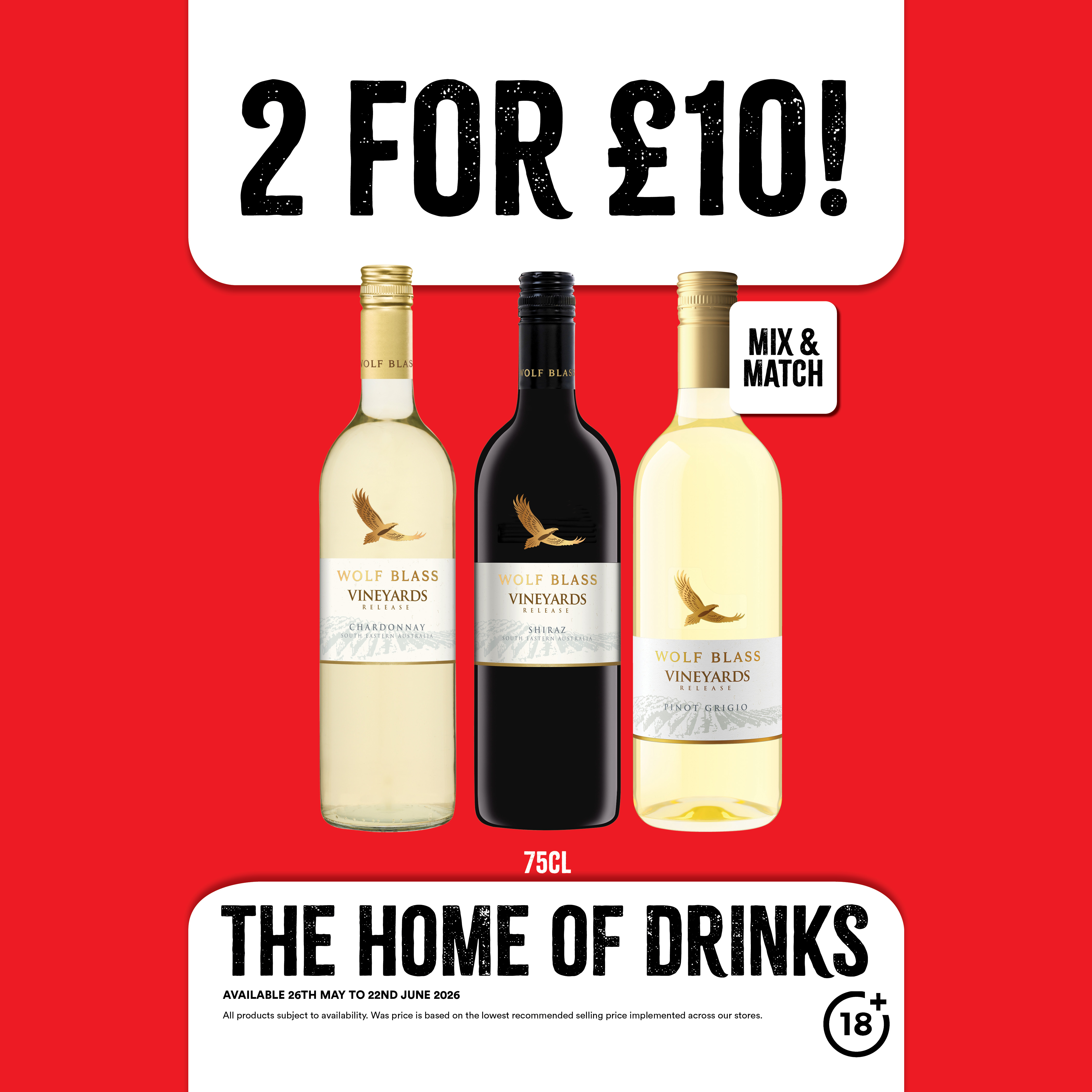 2 for &pound;10 on wolfblass wines