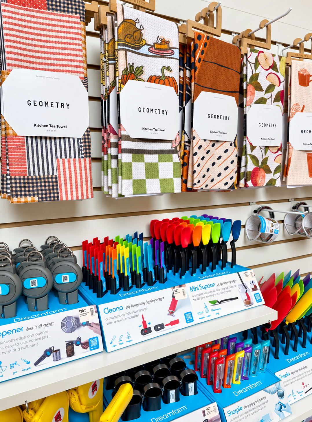 Discover colorful kitchen essentials at Decorate Indy, featuring Geometry tea towels and Dreamfarm u 