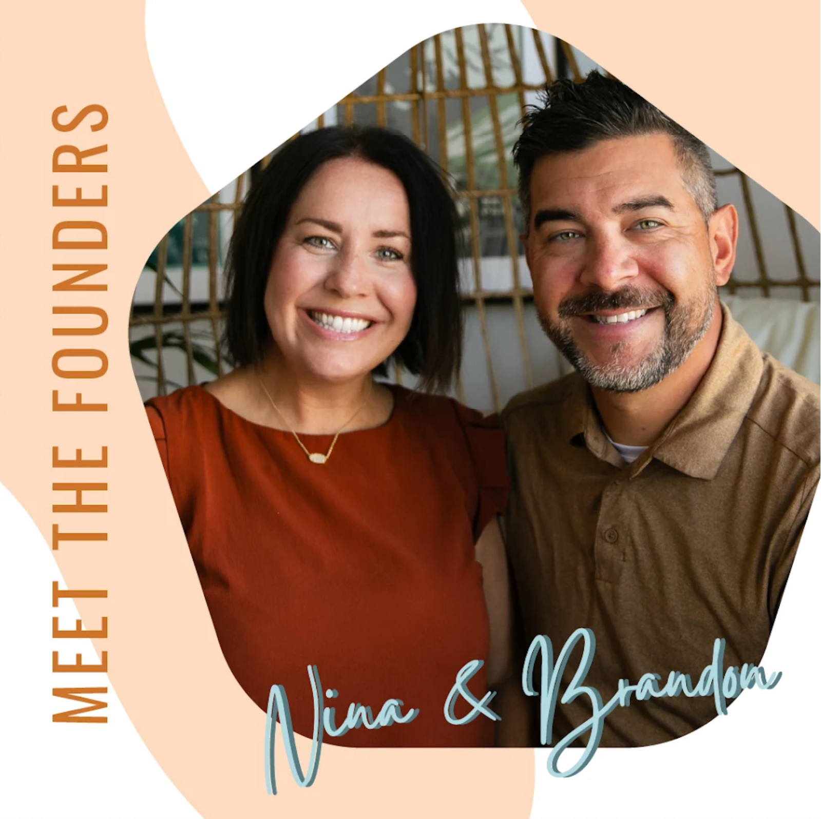 Graphic featuring two smiling founders of Agency Ten10 sitting together, with the text &lsquo;Meet the founders&rsquo; beside them.