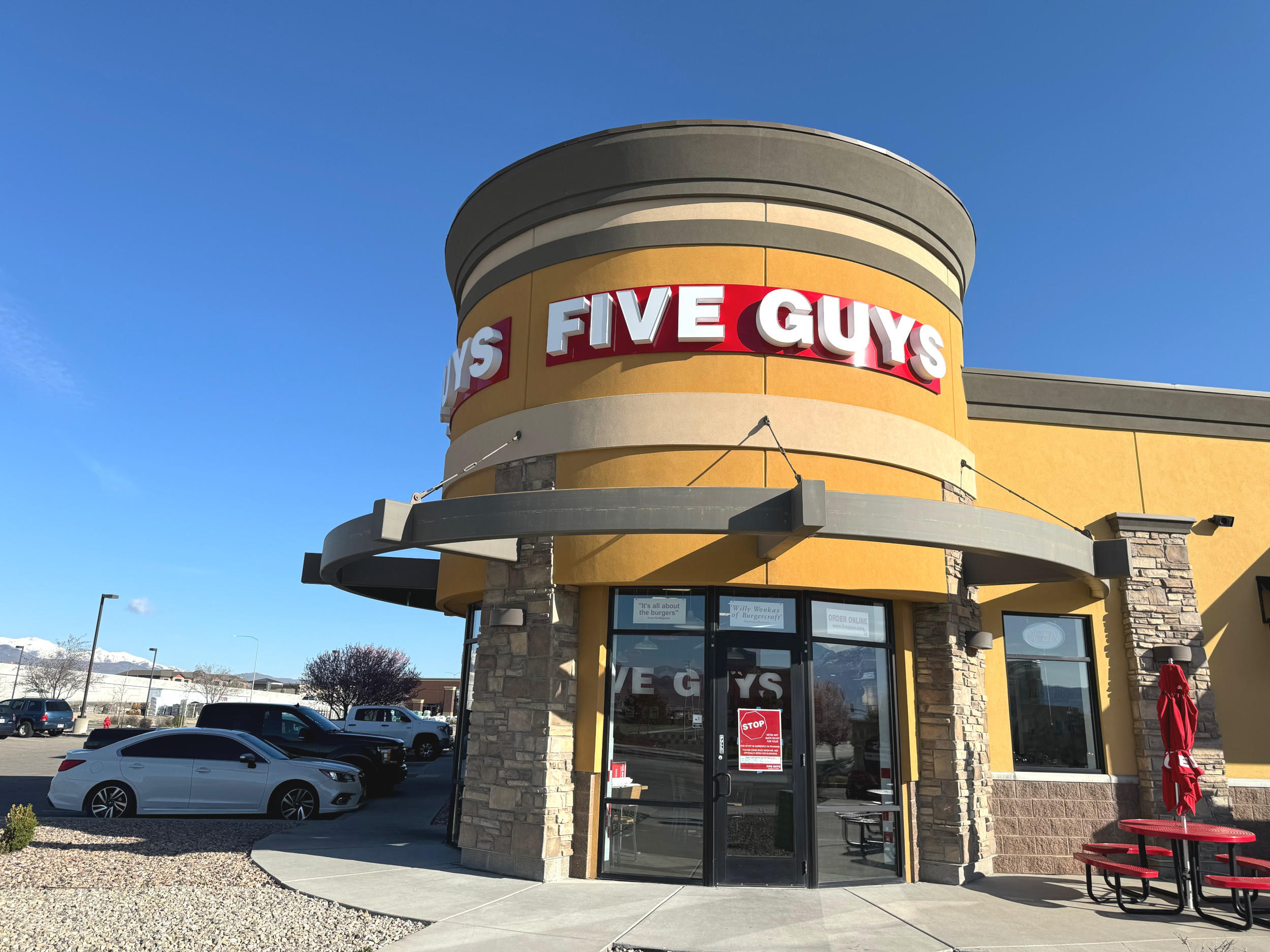 Exterior photograph of the Five Guys restaurant at 12570 South Rhetski Lane in Riverton, Utah.