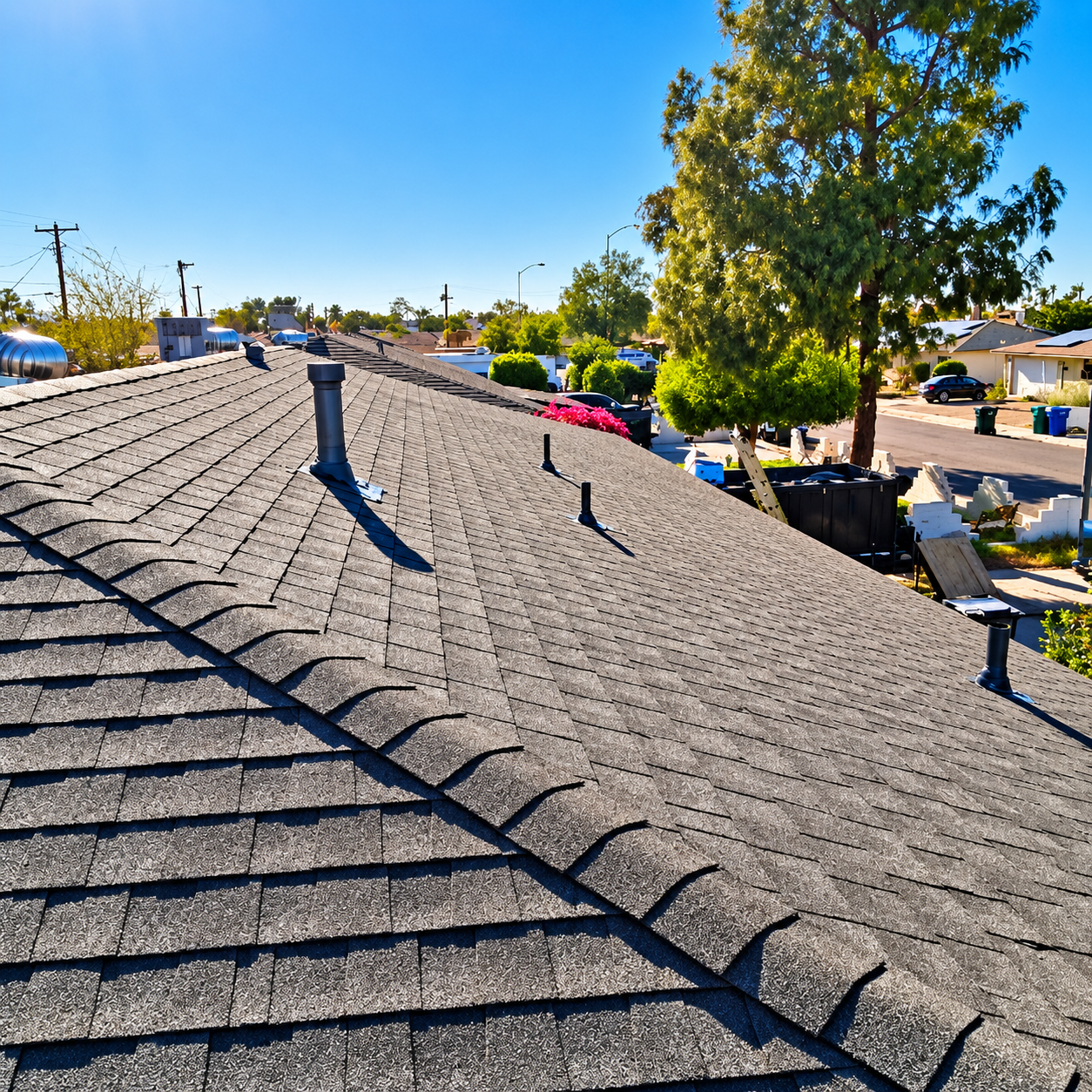 Completed residential asphalt shingle roofing project by Apex AZ Roofing in Arizona, showing a finis 