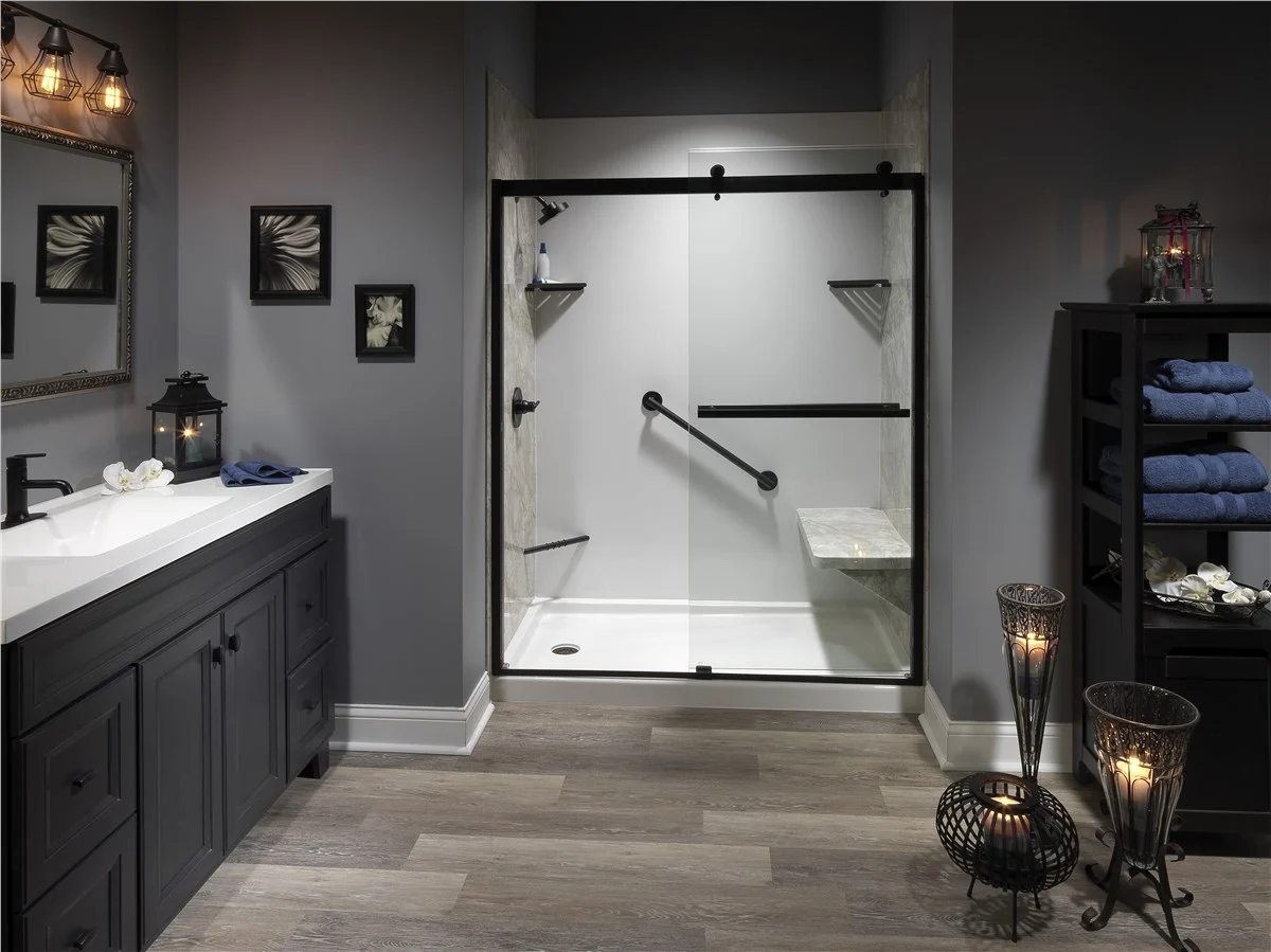 Luxury walk-in shower with black frame glass enclosure in Portland, Maine