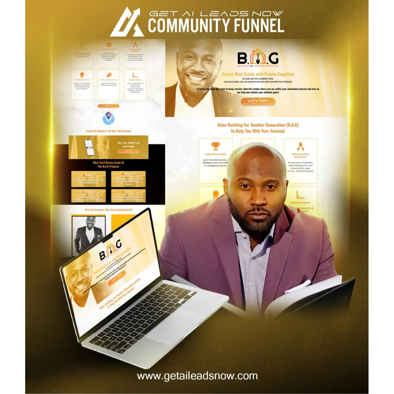 B.A.G. Real Estate Community Funnel:
Empower your community with a branded community funnel tailored for real estate educators and membership-based platforms. This funnel highlights expert mentorship, strategy sessions, and real estate education – all backed by automation to engage users and convert leads.