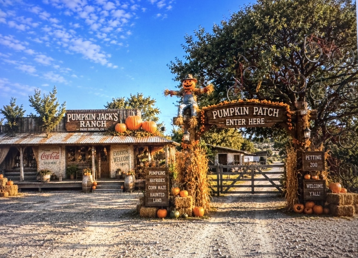 A scenic welcome arch decorated with straw bales, seasonal pumpkins, and a scarecrow sits alongside our western-style farm store in Paso Robles, welcoming families to explore the pumpkin patch, corn maze, and petting zoo.