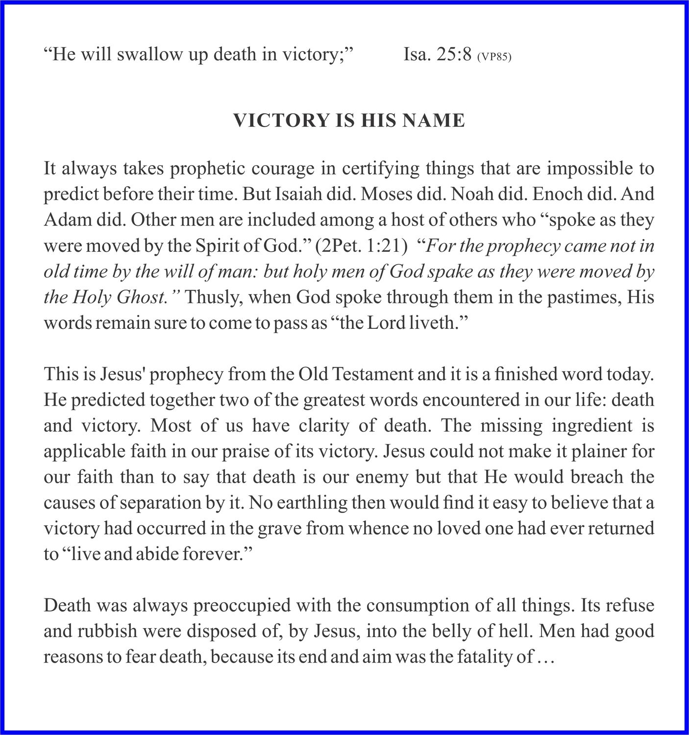This image displays text on a white background with a blue border. The text appears to be from a religious or theological document, discussing themes of "victory," "death," and "prophecy." It includes a biblical reference to "Isa. 25:8 (VP85)" and quotes from scripture. The layout is typical of printed material, with paragraphs and a prominent title.