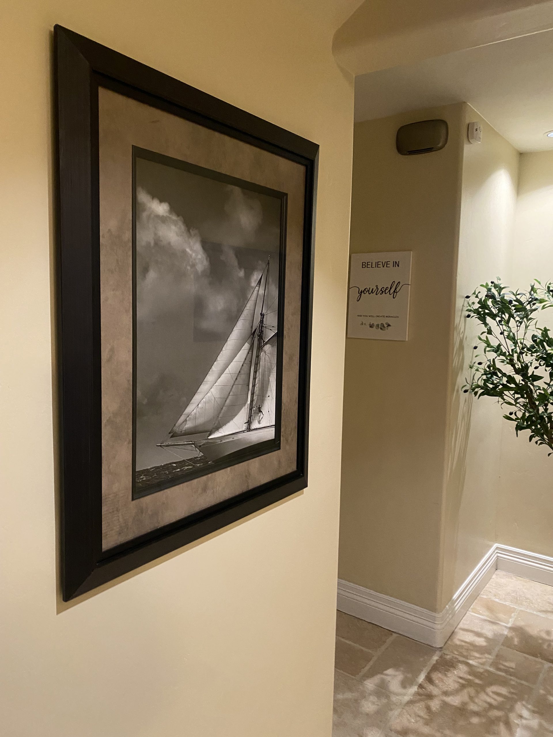 Calm and thoughtfully decorated living space with art pieces that encourage relaxation and mindfulness.